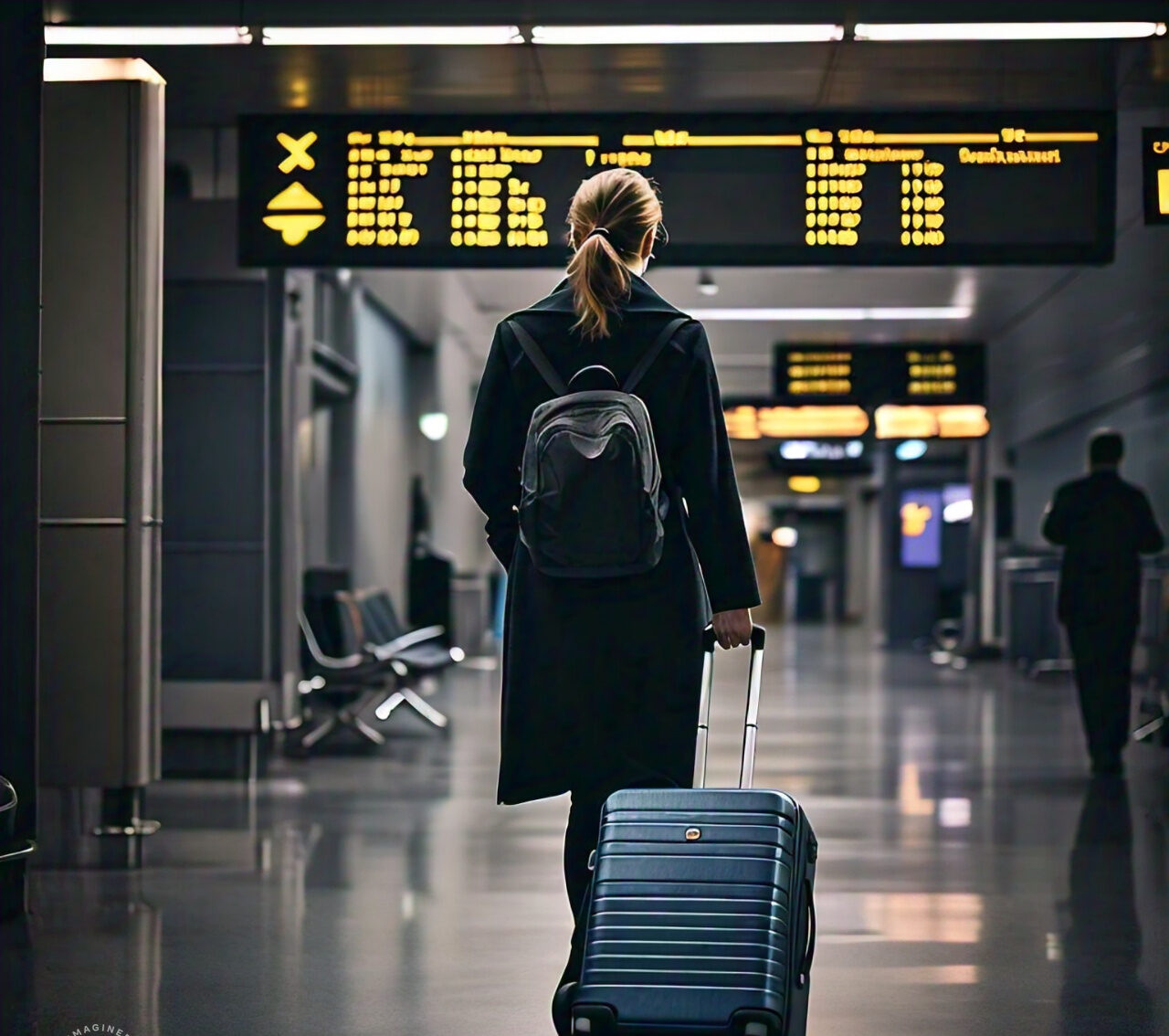 A woman waiting for her flight. RUF car Taxi